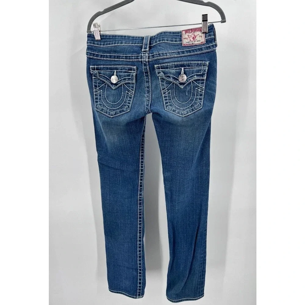 True Religion Womens Size 27 Johnny Big T Blue Denim Jeans Straight Leg Low Rise